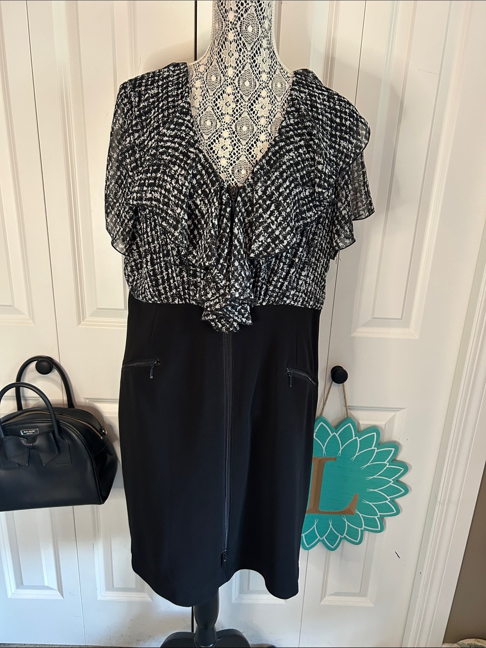 Addition Elle Monochrome Mixed Print Chiffon Ruffle Zip Sheath Dress - Size 1X